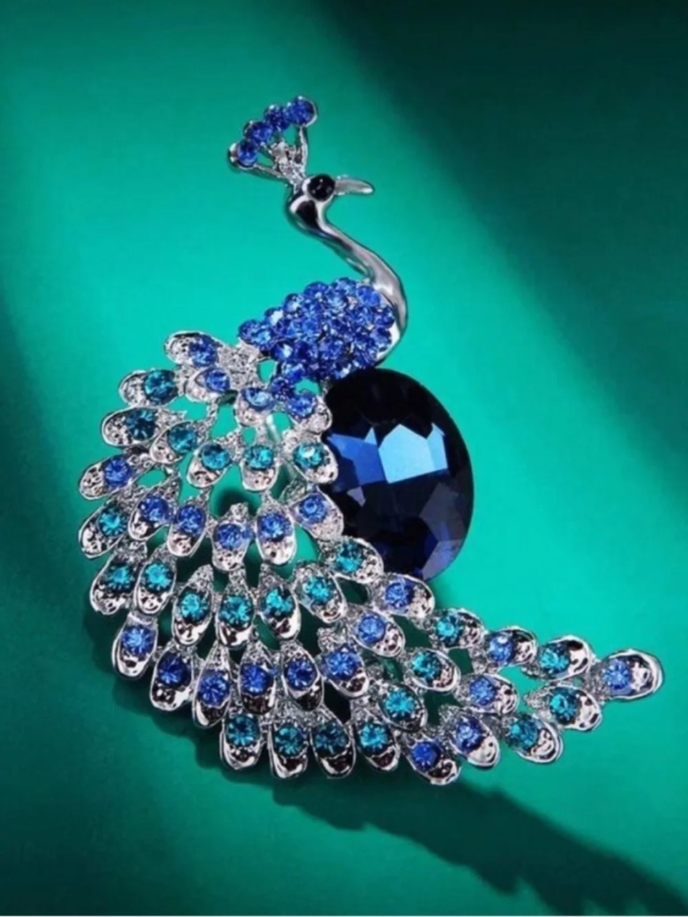 Anthropologie Silver Peacock Brooch with Blue and Teal Crystals